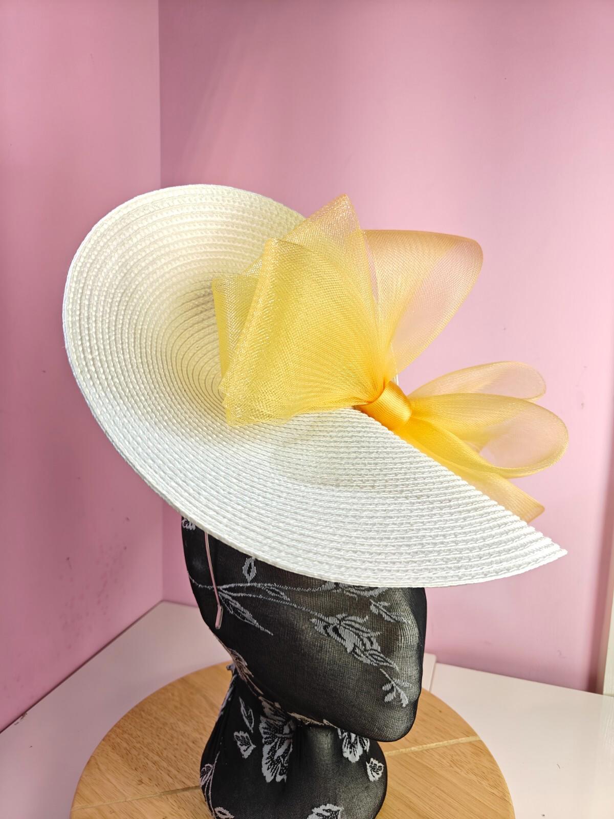 white gold large straw fascinator wedding hat Kentucky Derby Royal Ascot