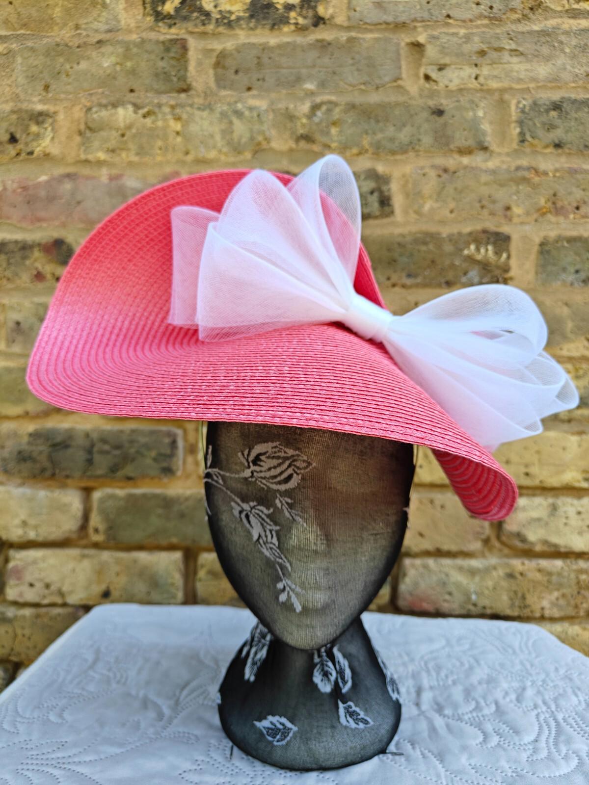 coral pink white large straw fascinator millinery headband wedding hat ascot