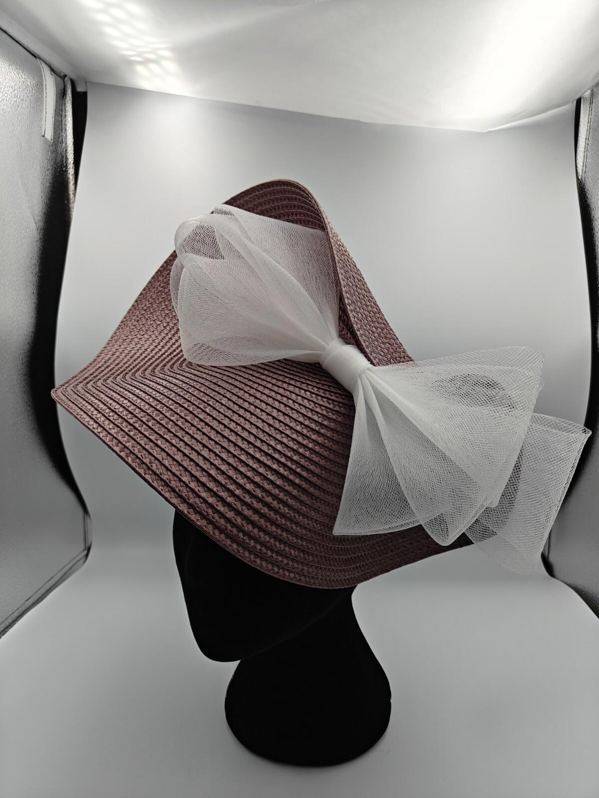 light brown white bow straw fascinator millinery burlesque headband wedding hat