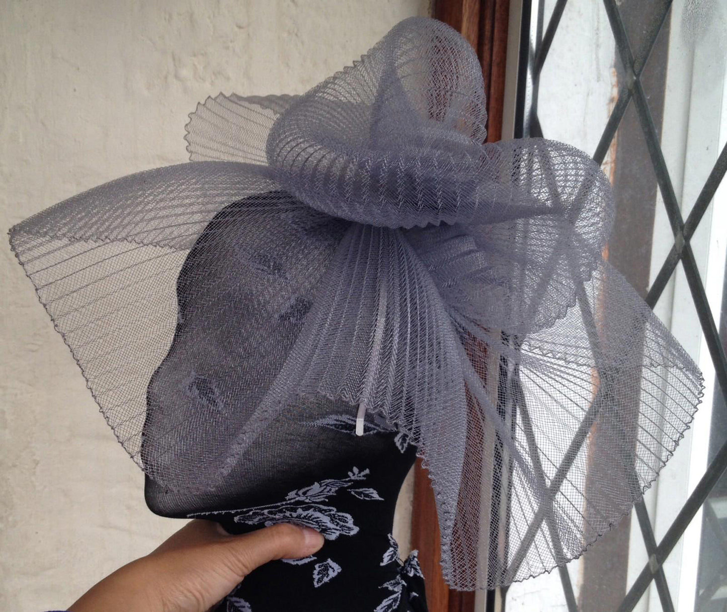Grey feather fascinator millinery burlesque headband wedding hat hair piece
