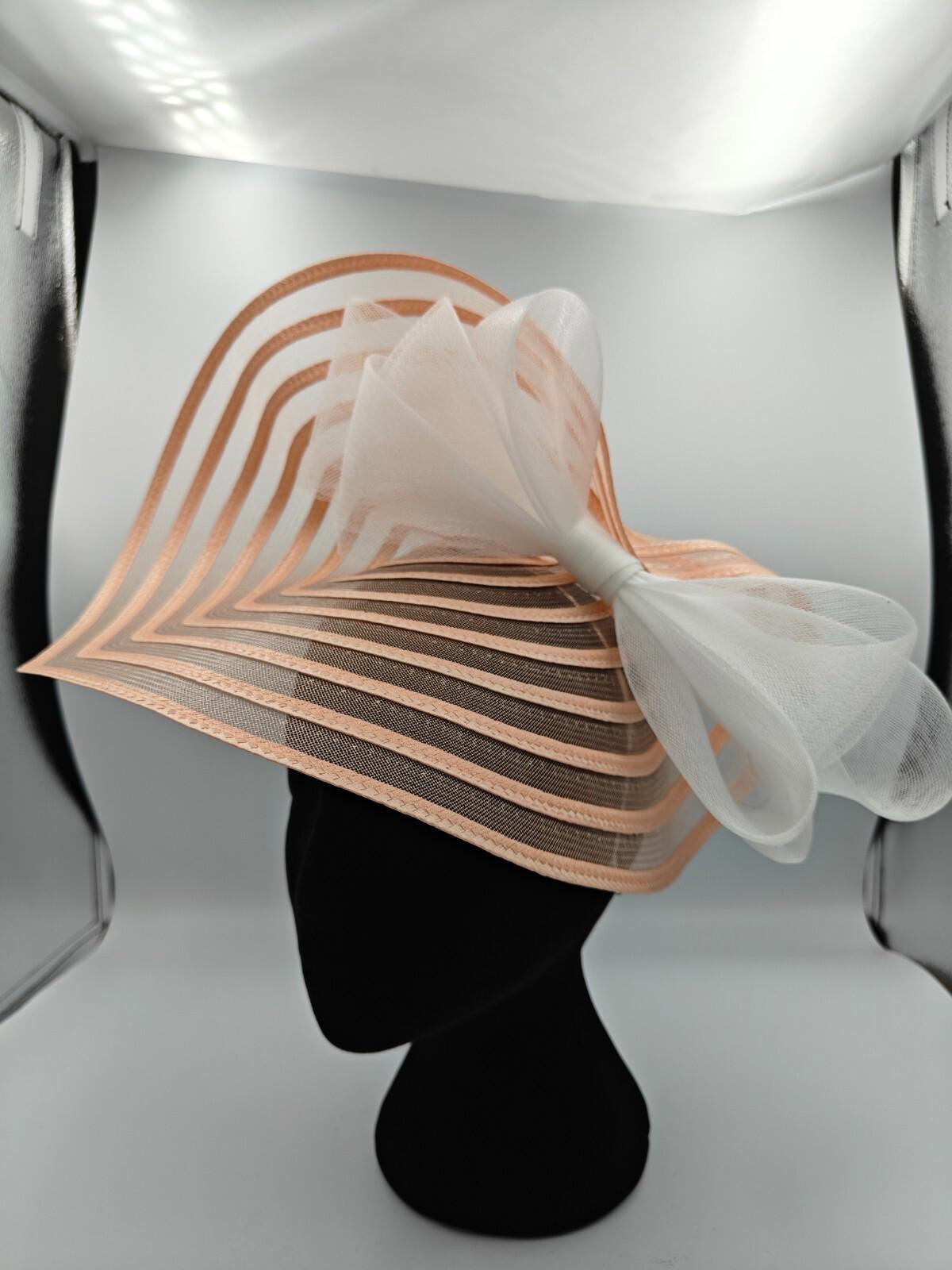 peach pink white bow straw fascinator millinery burlesque headband wedding hat