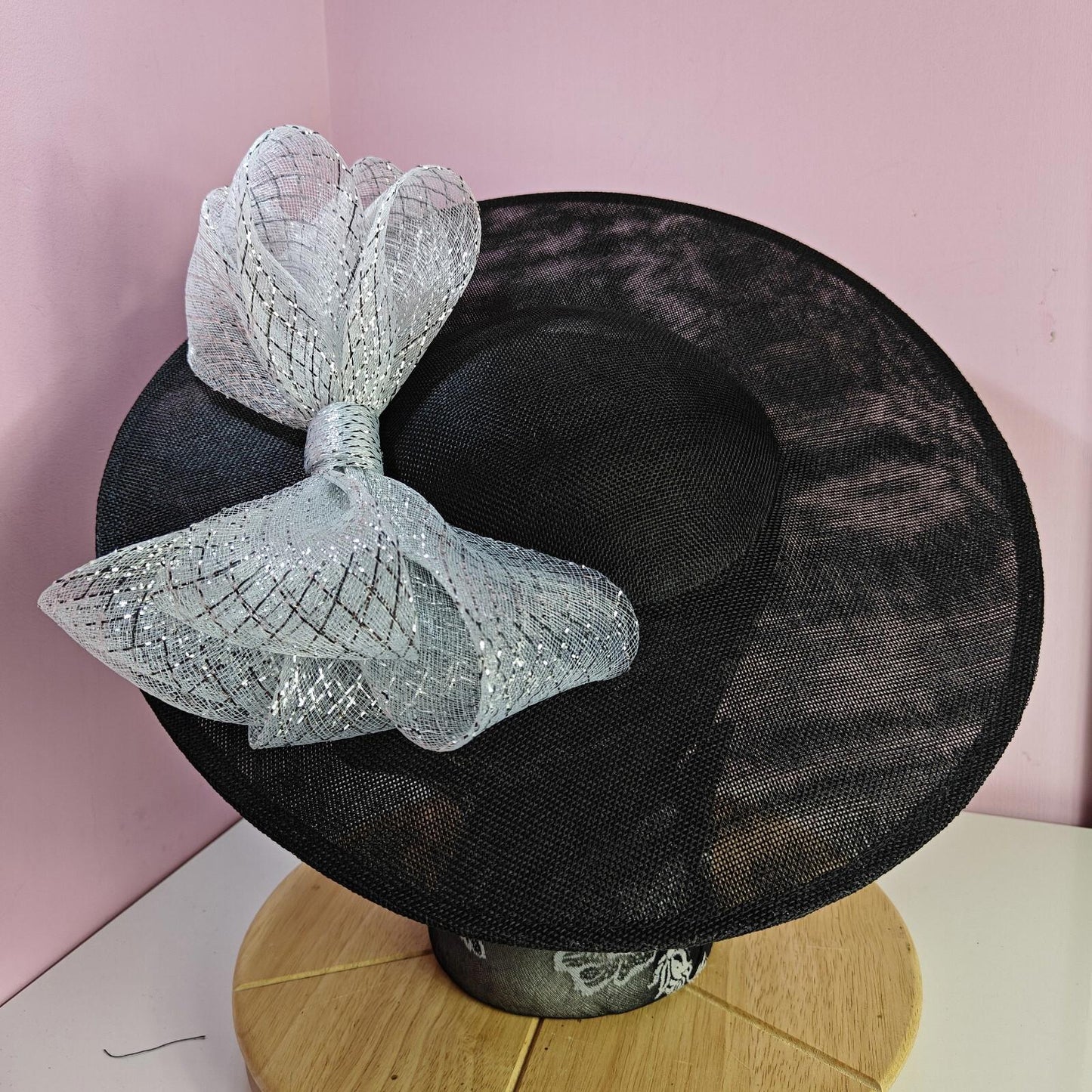 black silver large fascinator wedding hat  Kentucky Derby Royal Ascot bow
