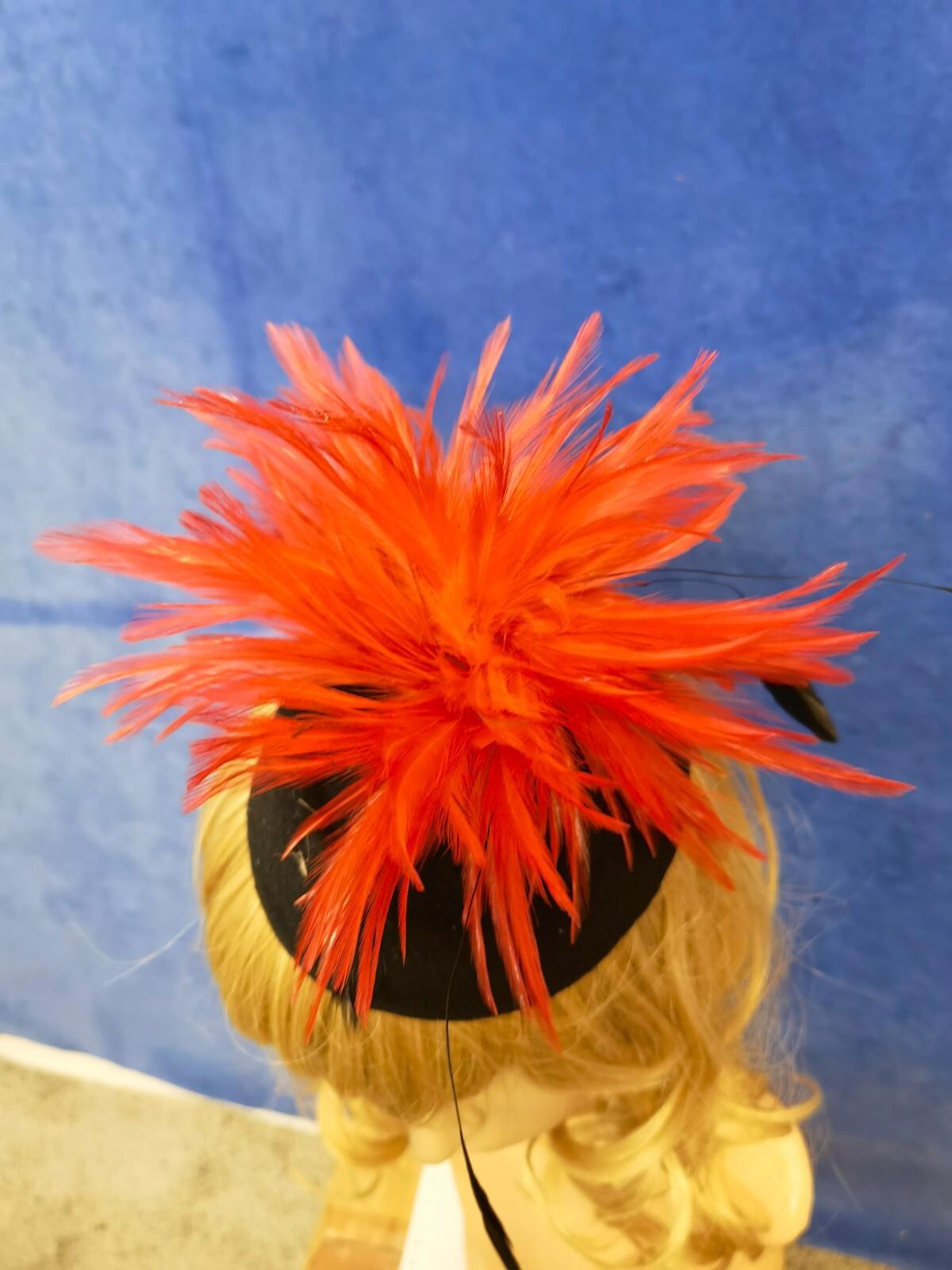 Red black feather flower felt mini pill box hat veiling veil fascinator