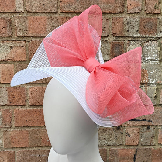 white coral pink bow crinoline fascinator millinery headband wedding hat party cosplay
