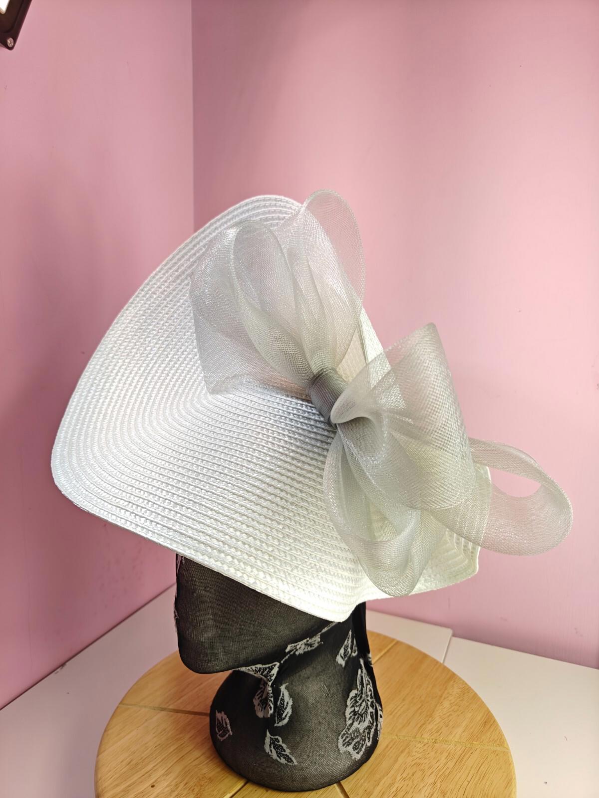 white grey large straw fascinator wedding hat Kentucky Derby Royal Ascot