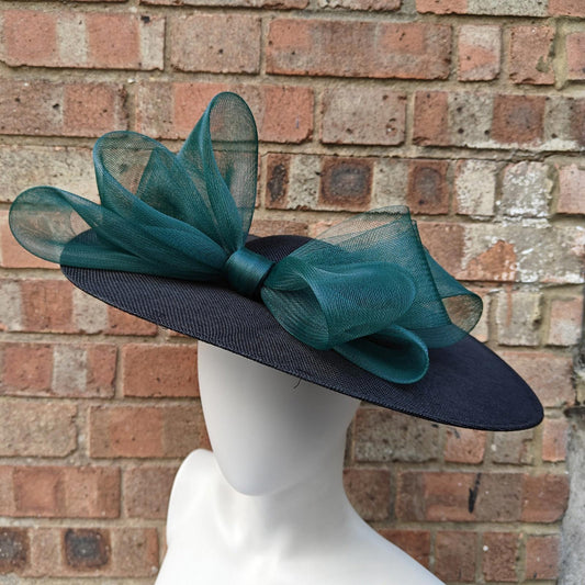 black dark green large fascinator wedding hat  handmade hatinator Ascot bow