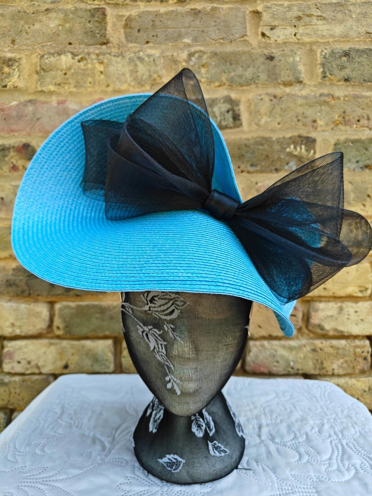 light blue black large straw fascinator millinery headband wedding hat ascot