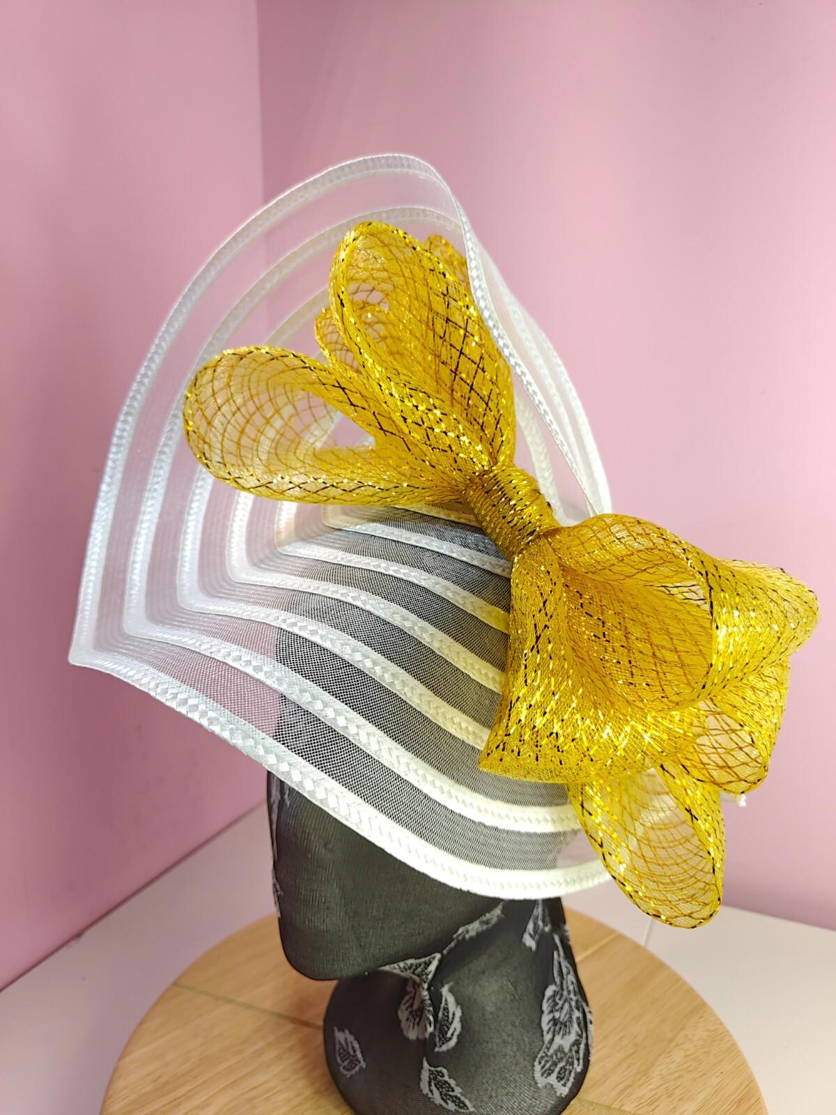 white gold bow fascinator millinery wedding hat Kentucky Derby Royal Ascot