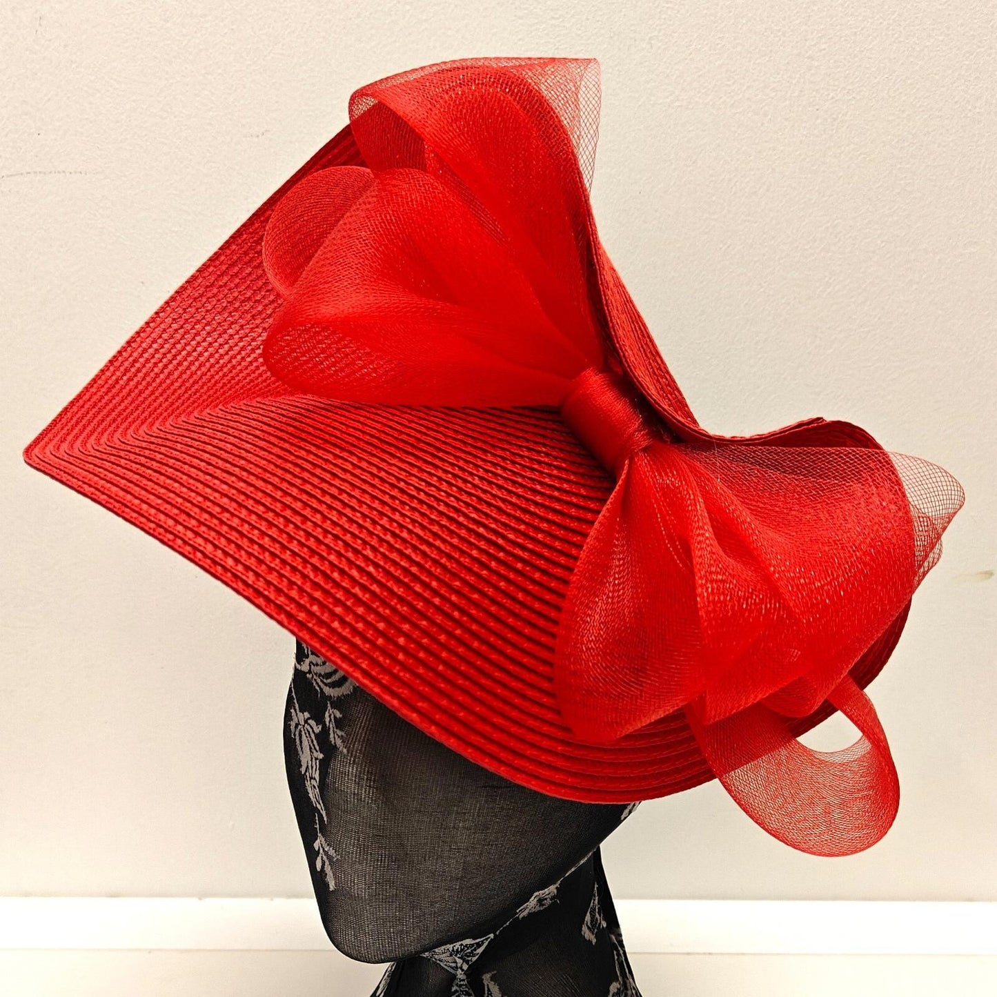 red large straw fascinator millinery burlesque headband wedding hat bow