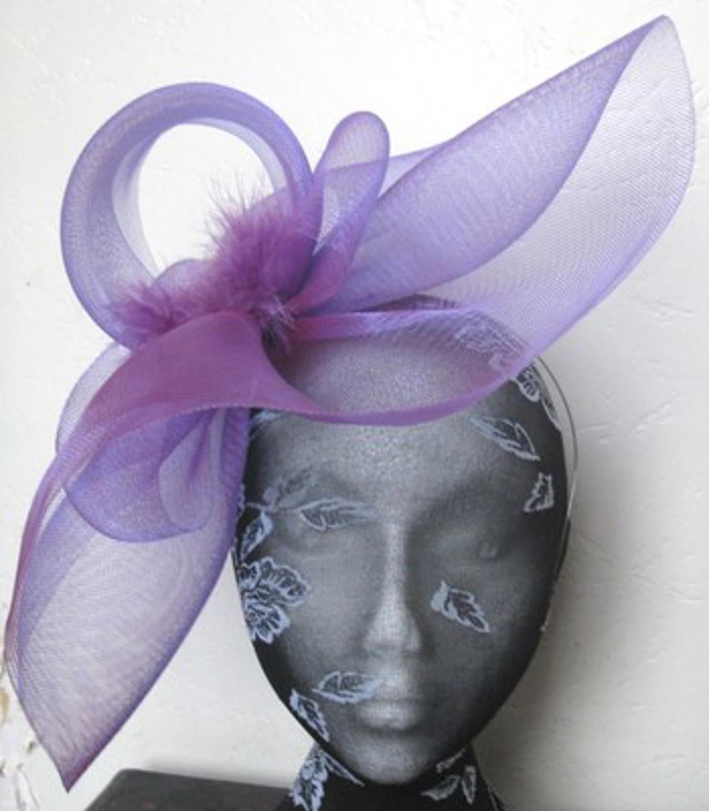 purple feather fascinator millinery burlesque headband wedding hat hair piece