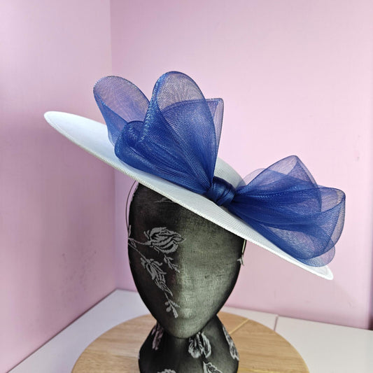 white blue large fascinator wedding hat  Kentucky Derby Royal Ascot bow