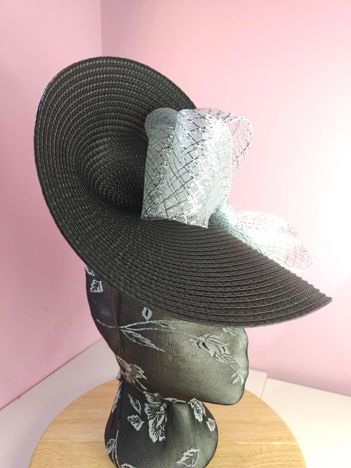 black silver large straw fascinator wedding hat Kentucky Derby Royal Ascot