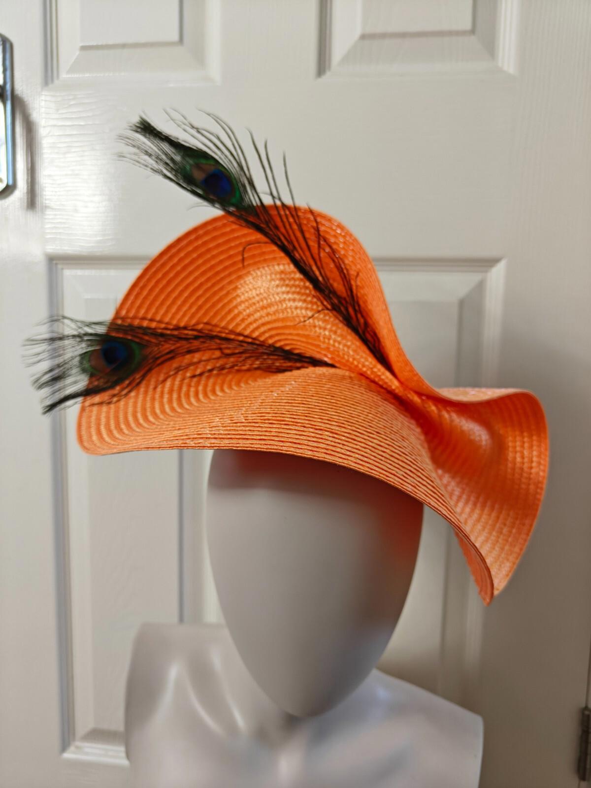 orange large straw fascinator peacock feather millinery headband wedding hat