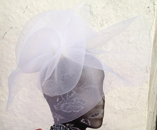 white crin fascinator on headband millinery wedding hat ascot race fancy dress