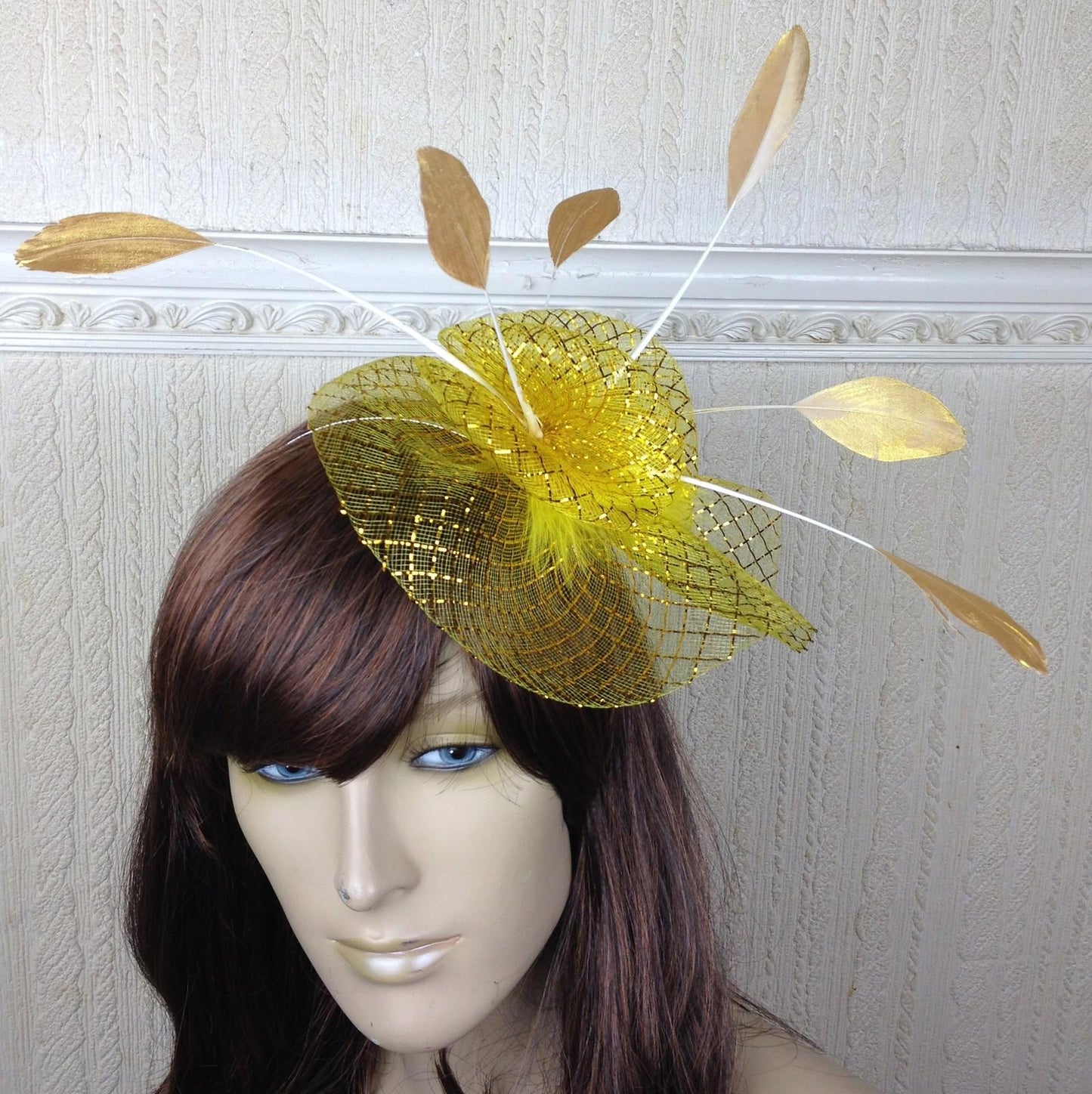 gold netting feather hair headband fascinator millinery wedding hat ascot race