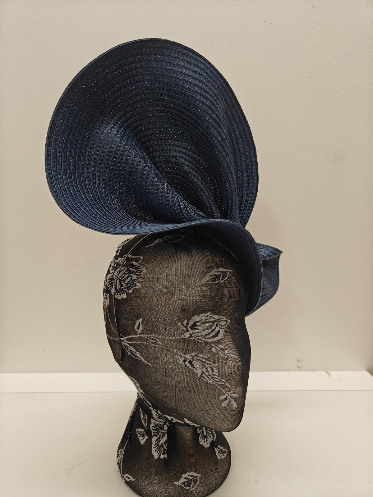 navy dark blue large straw fascinator millinery burlesque headband wedding hat