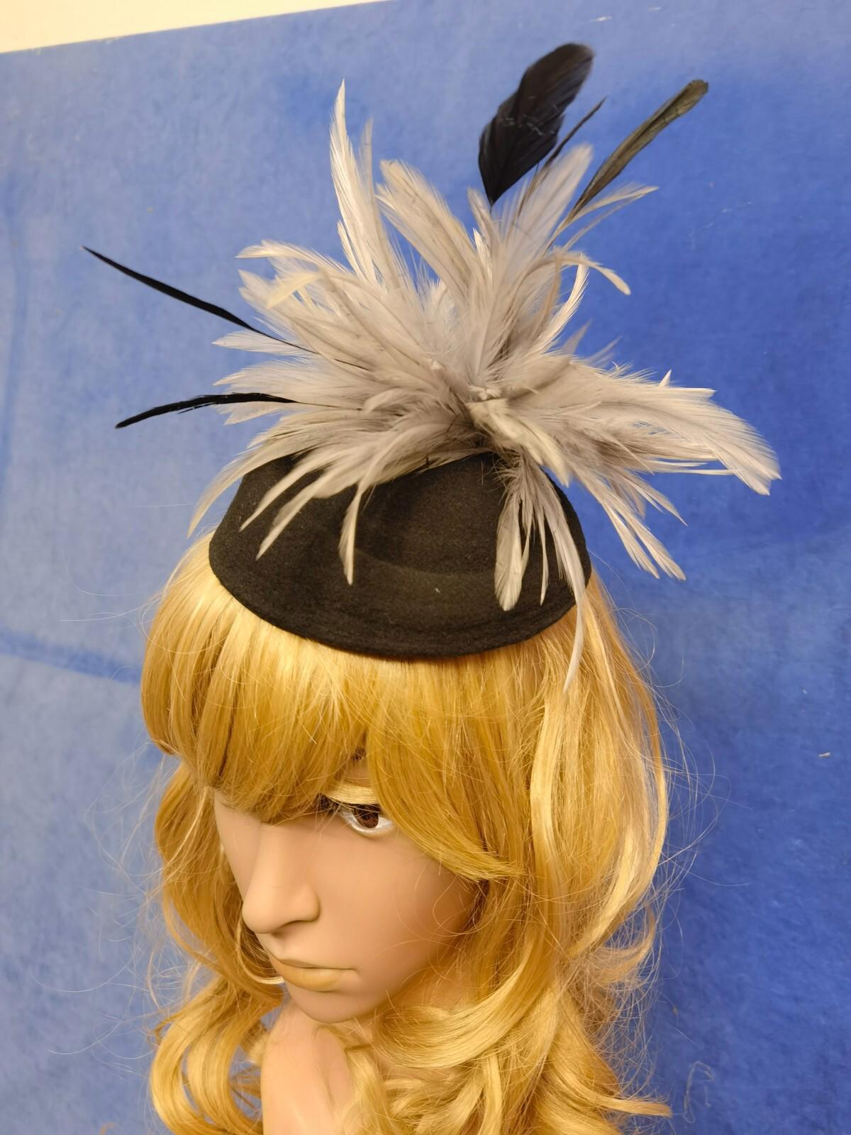 Grey black feather flower felt mini pill box hat veiling veil fascinator