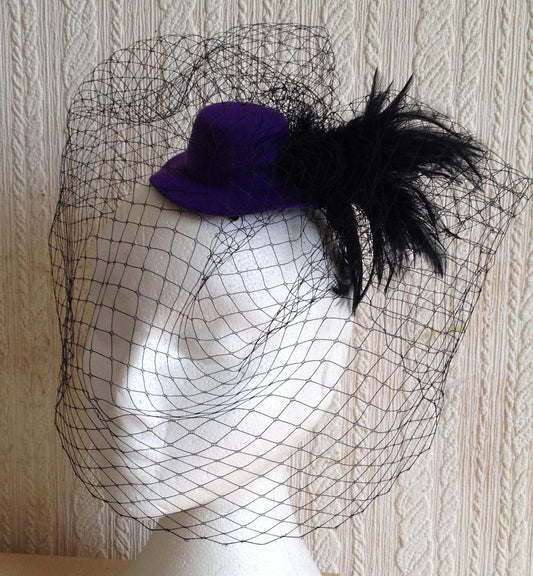 black veiling feather purple mini top hat fascinator millinery wedding party