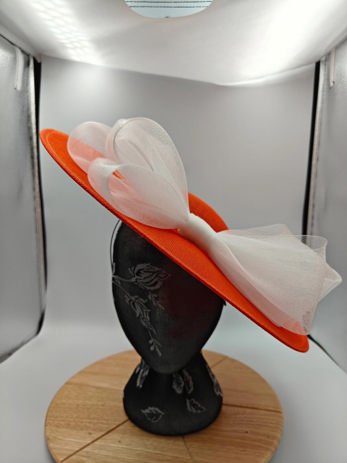 orange white large fascinator headband wedding hat Kentucky Derby Royal Ascot