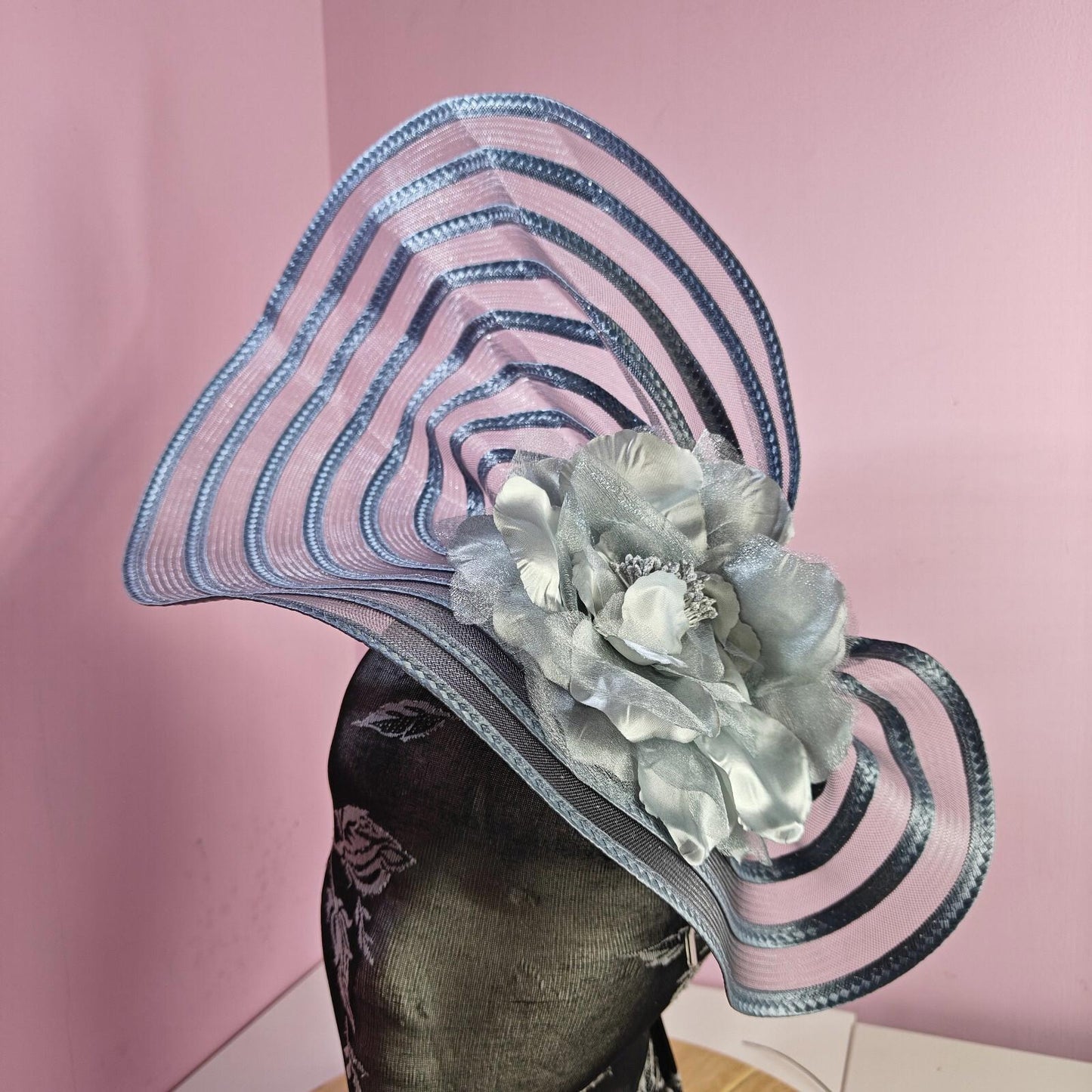 grey flower fascinator millinery wedding hat Kentucky Derby Royal Ascot