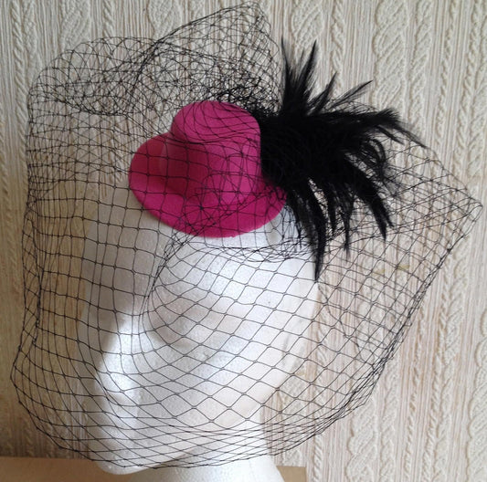 black veiling feather pink mini top hat fascinator millinery wedding party race