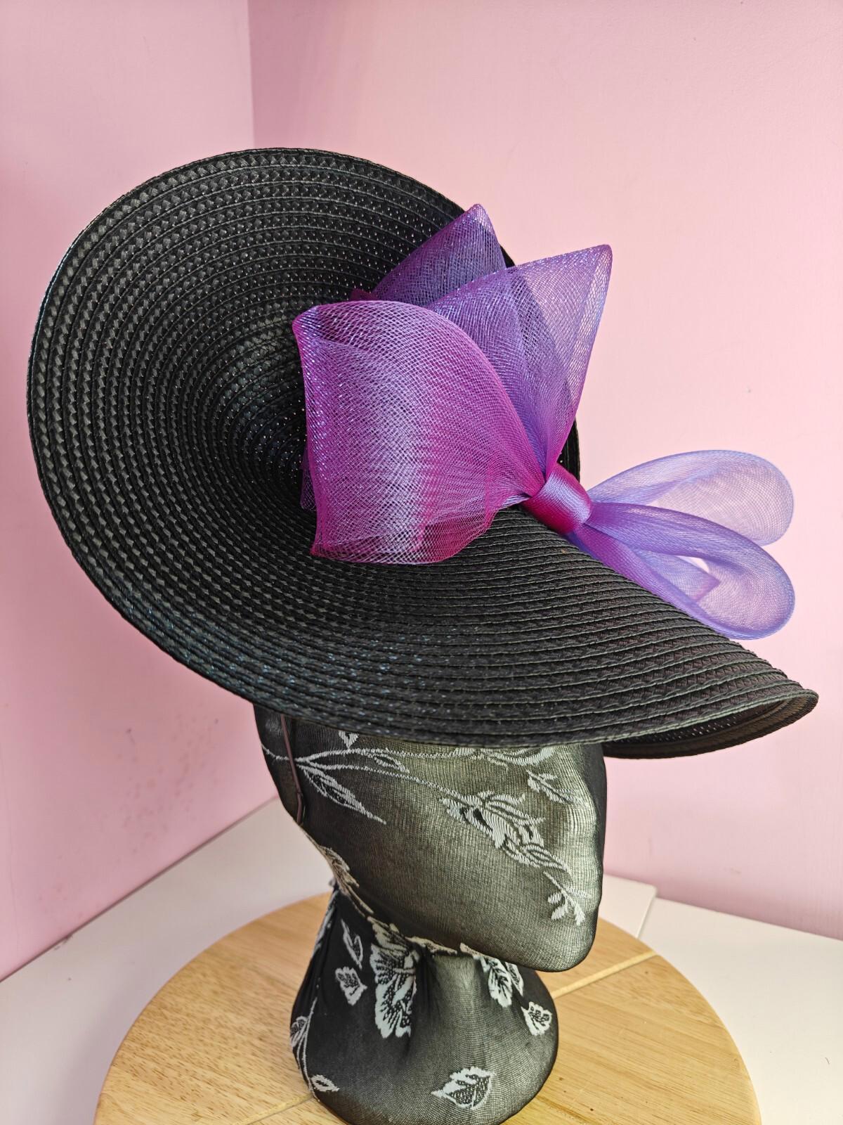 black purple large straw fascinator wedding hat Kentucky Derby Royal Ascot
