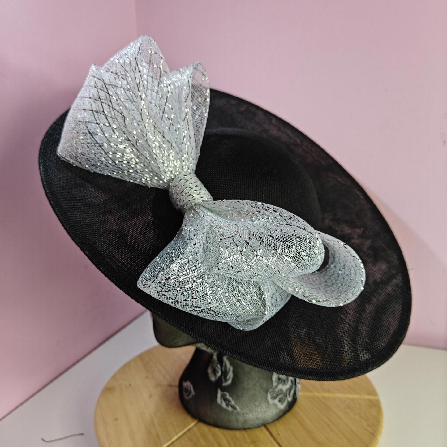 black silver large fascinator wedding hat  Kentucky Derby Royal Ascot bow