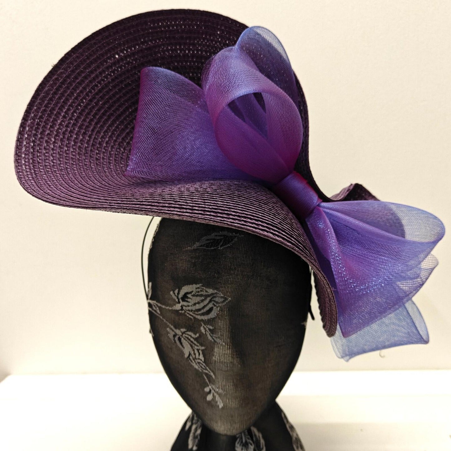 dark purple large straw fascinator millinery burlesque headband wedding hat bow