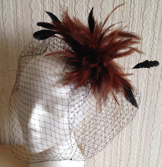 brown feather black veiling fascinator millinery hair clip ascot wedding bridal