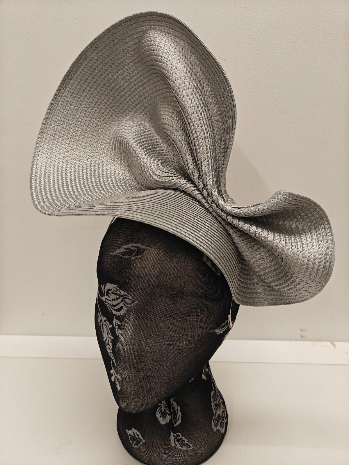 silver grey large straw fascinator millinery burlesque headband wedding hat