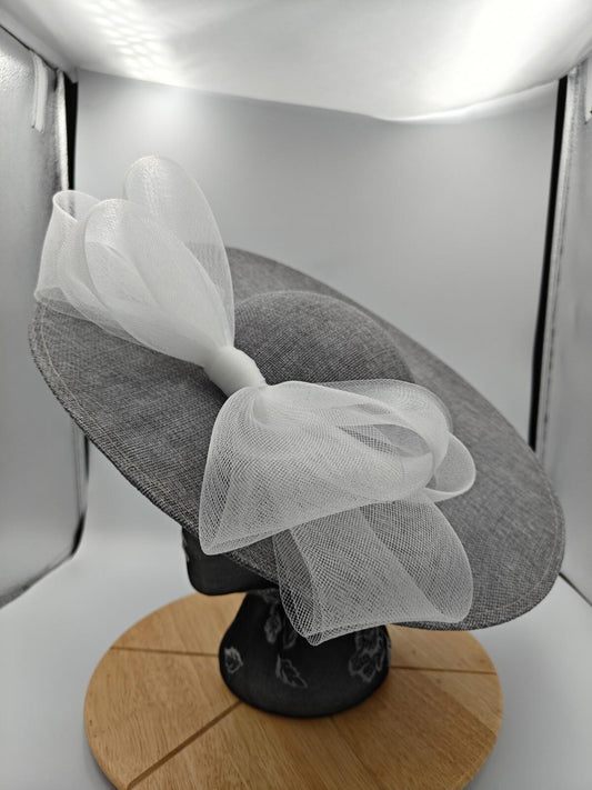 grey white large fascinator headband wedding hat  Kentucky Derby Royal Ascot