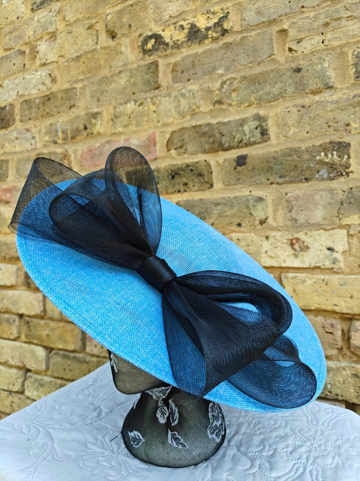 blue black large fascinator wedding hat  Kentucky Derby Royal Ascot bow