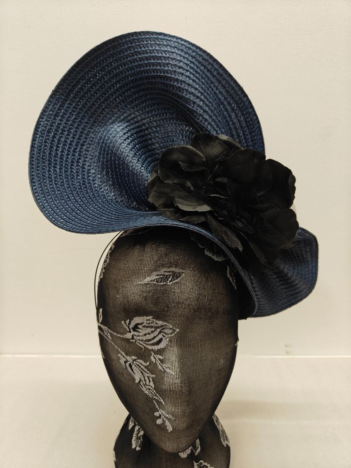 navy black flower large straw fascinator millinery burlesque headband wedding