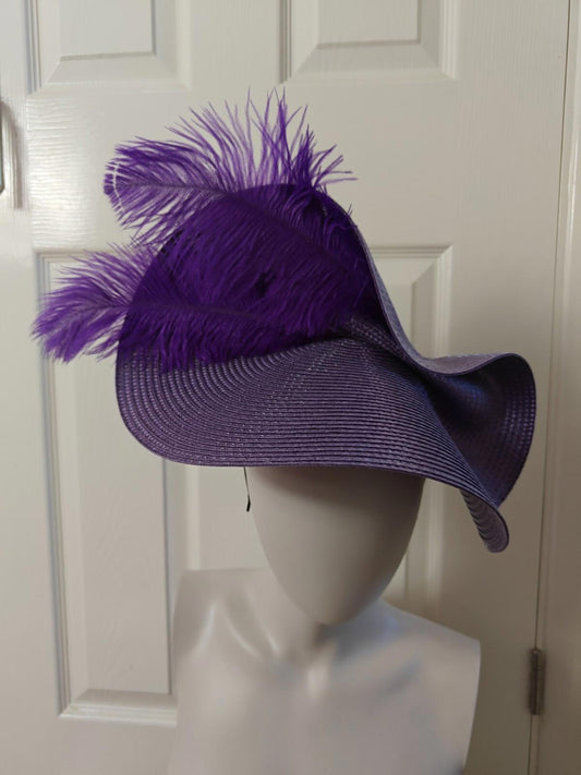 purple large straw fascinator ostrich feather millinery headband wedding hat