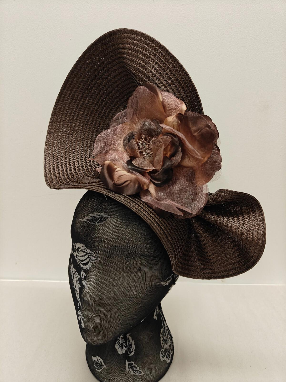 brown flower large straw fascinator millinery burlesque headband wedding hat