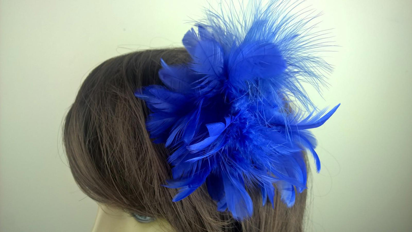 blue feather flower fascinator millinery hair clip wedding piece ascot race