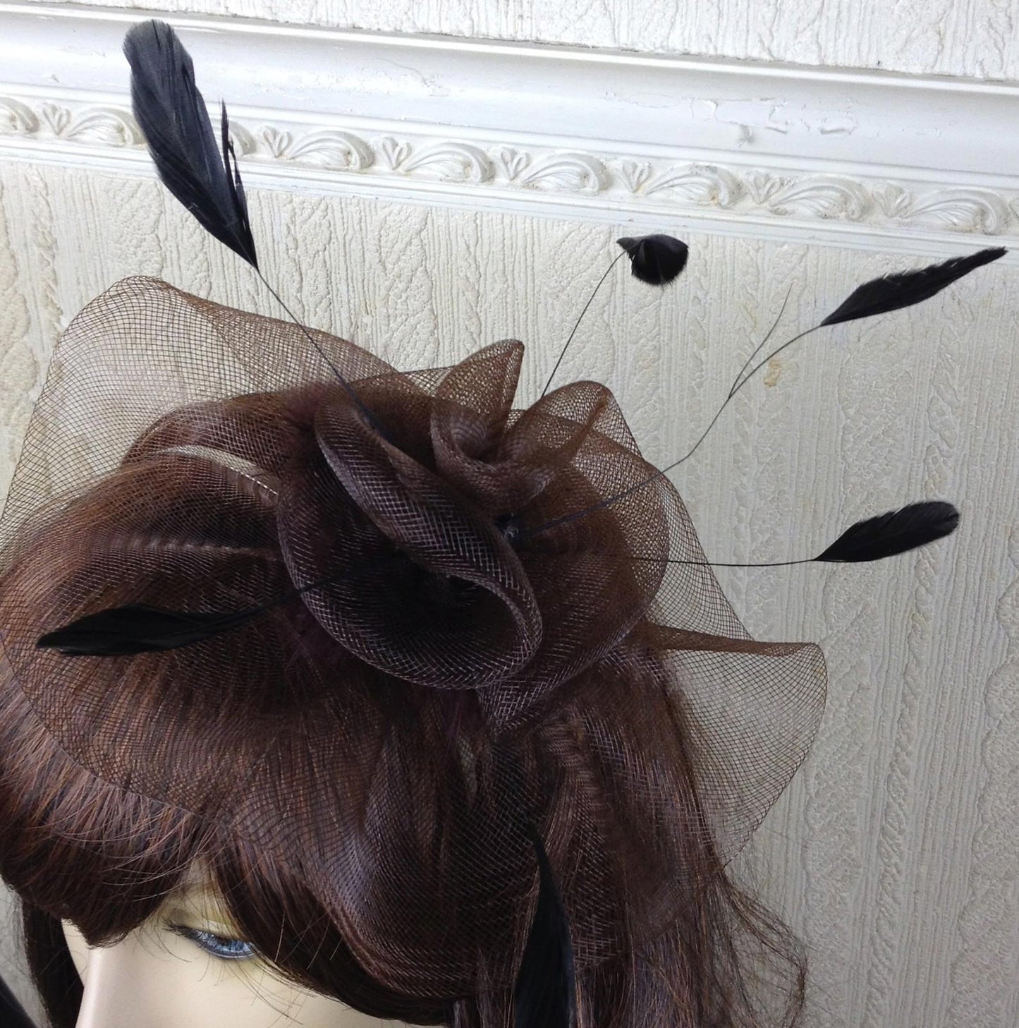 brown netting feather hair headband fascinator millinery wedding hat ascot