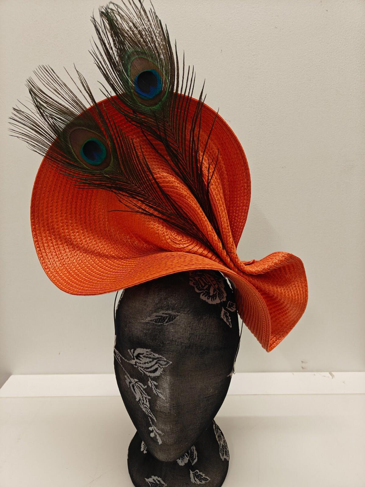 orange large straw fascinator peacock feather millinery headband wedding hat