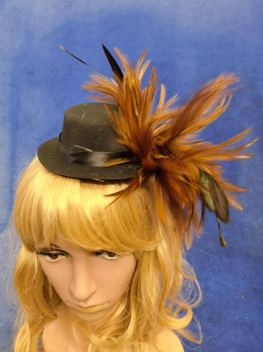 Brown black feather mini top hat fascinator millinery burlesque wedding 1