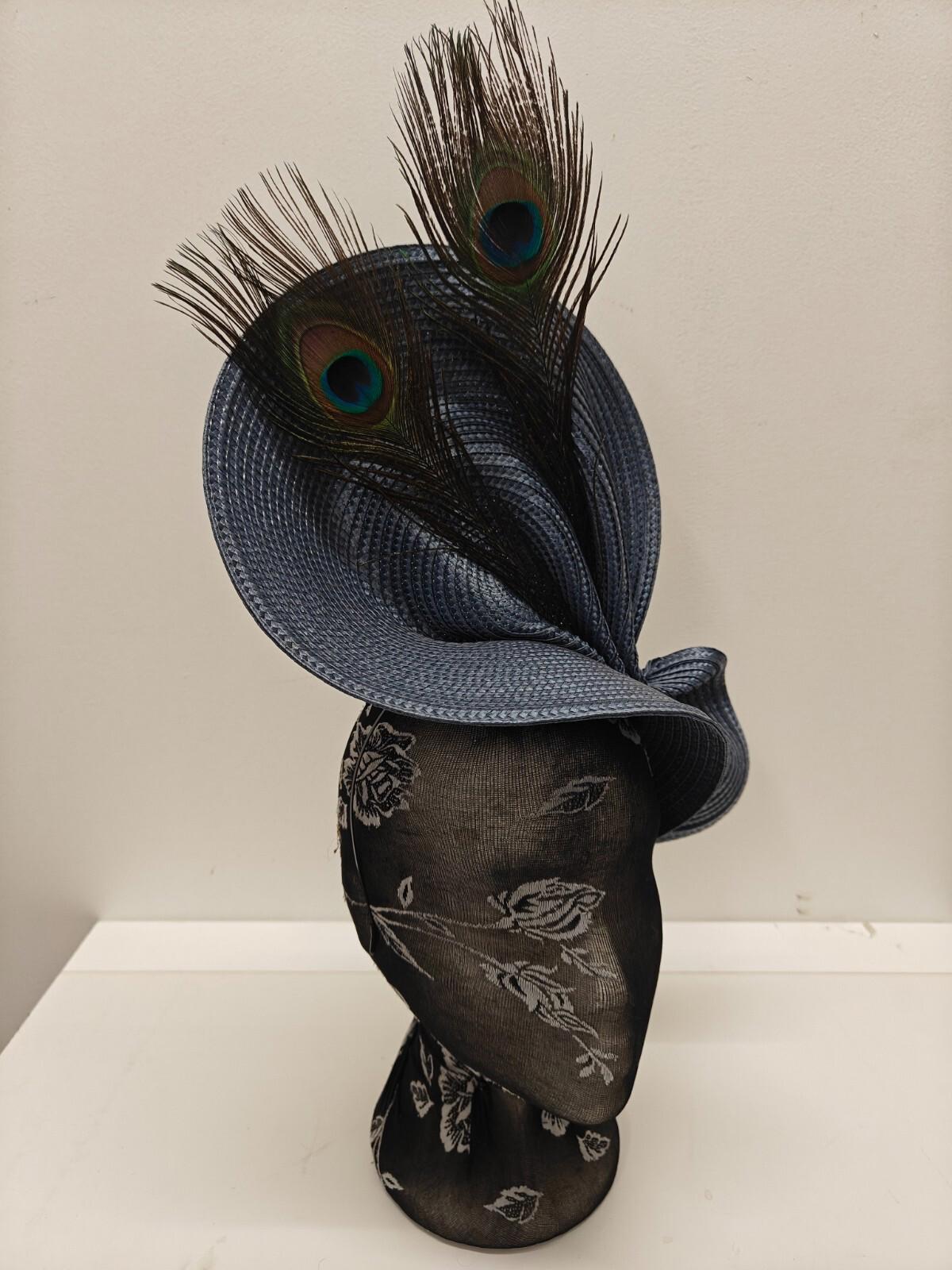 blue large straw fascinator peacock feather millinery headband wedding hat