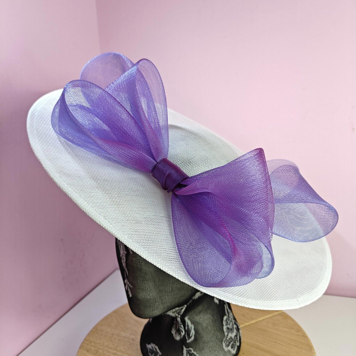 white purple large fascinator wedding hat  Kentucky Derby Royal Ascot bow