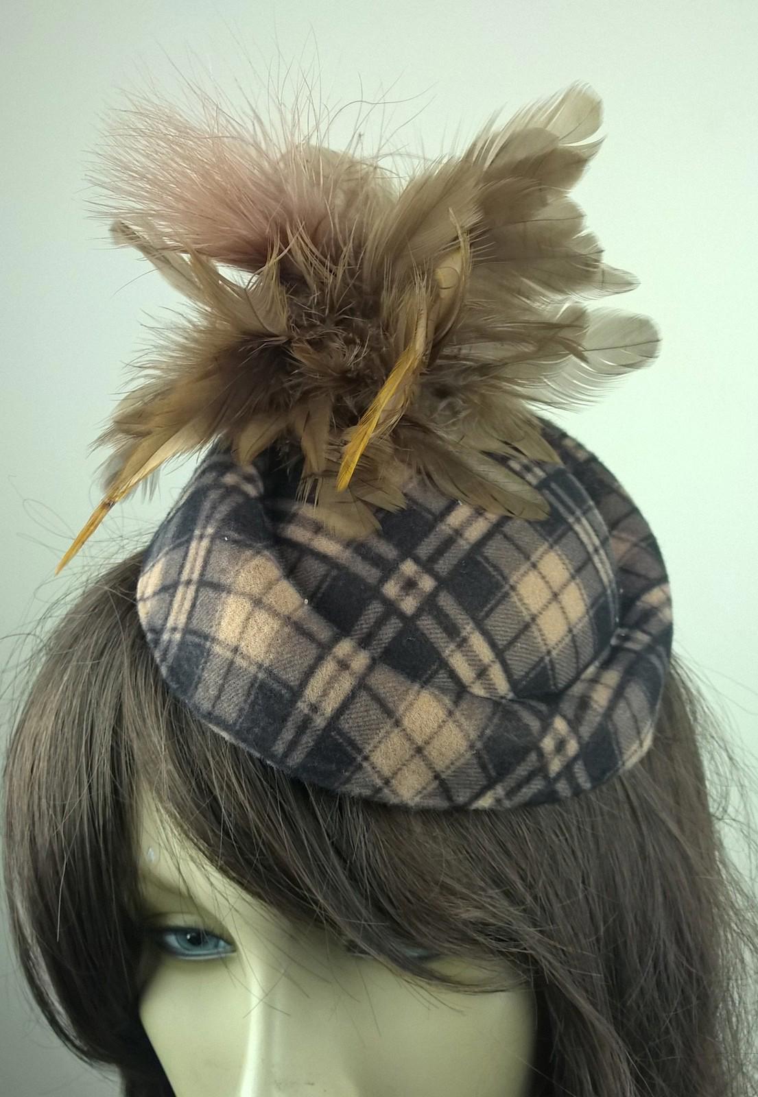 beige felt pillbox hat feather flower fascinator wedding bridal race vintage 1