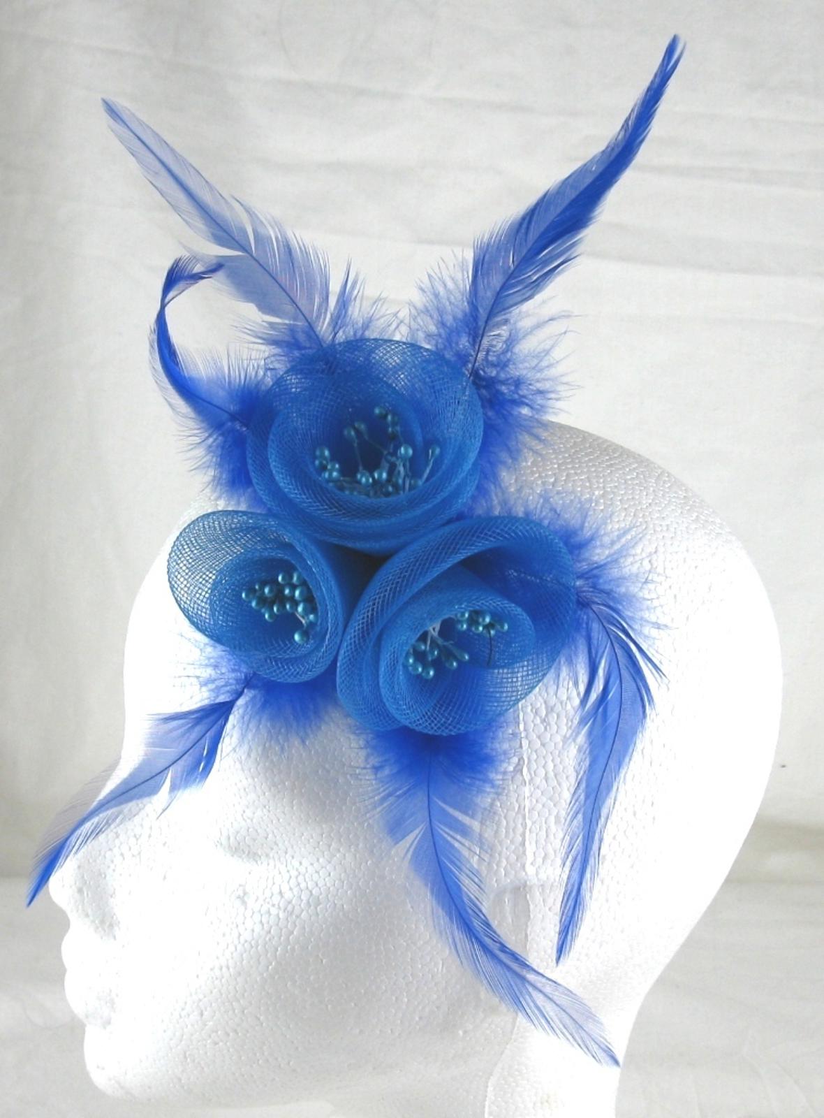 blue fascinator millinery feather brooch clip wedding hair piece ascot