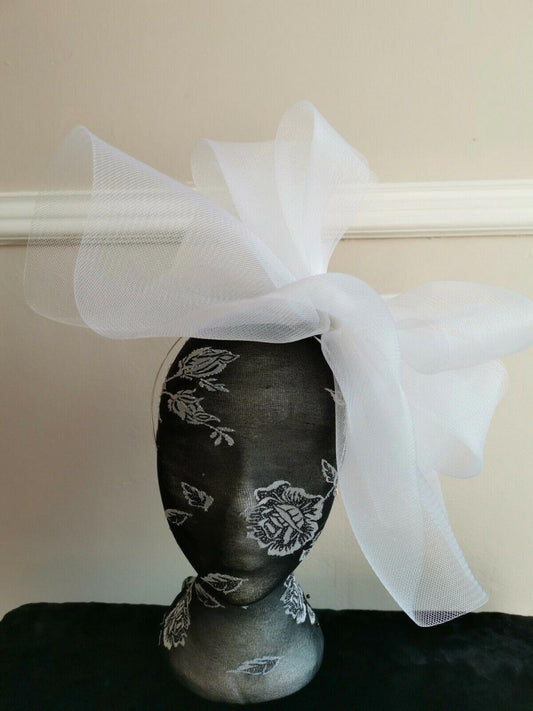 white crin fascinator on headband millinery wedding hat ascot race fancy dress