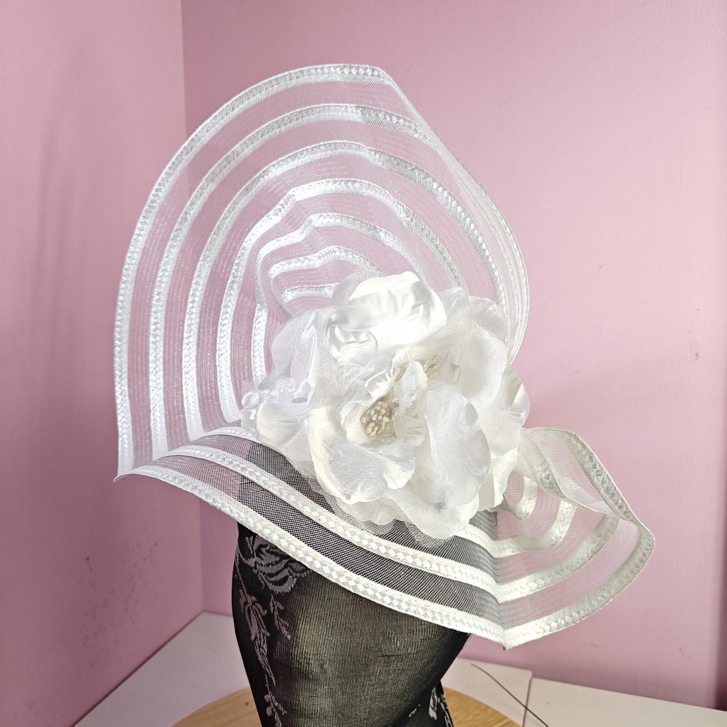 white flower fascinator millinery wedding hat Kentucky Derby Royal Ascot