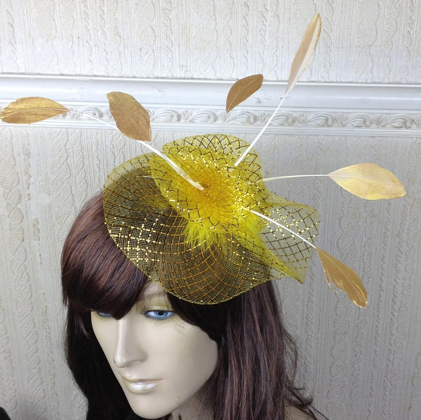 gold netting feather hair headband fascinator millinery wedding hat ascot race