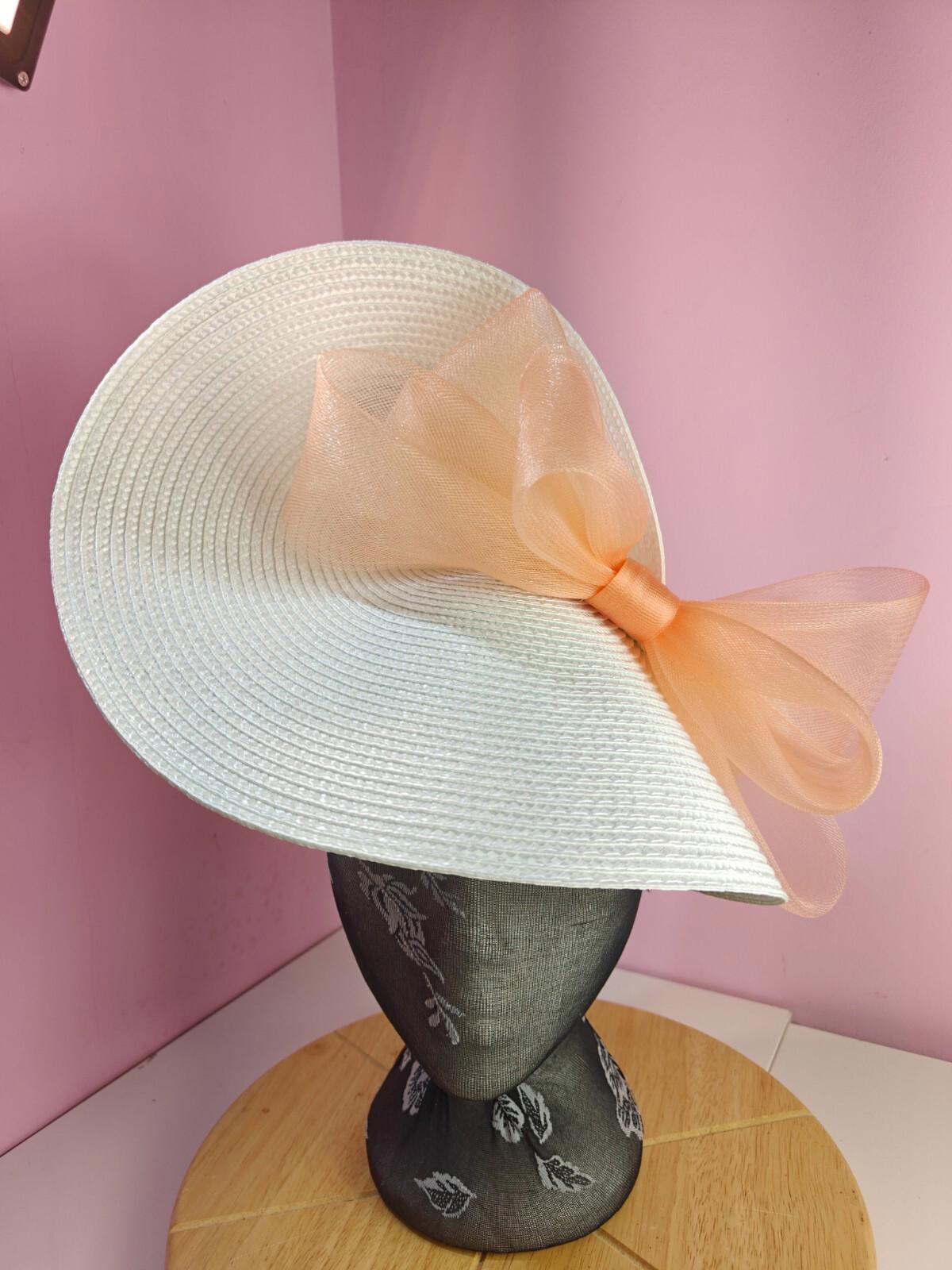 white peach large straw fascinator wedding hat Kentucky Derby Royal Ascot