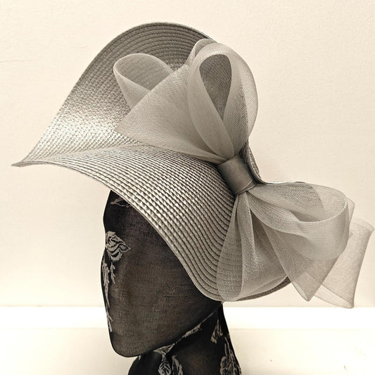 silver grey large straw fascinator millinery burlesque headband wedding hat bow