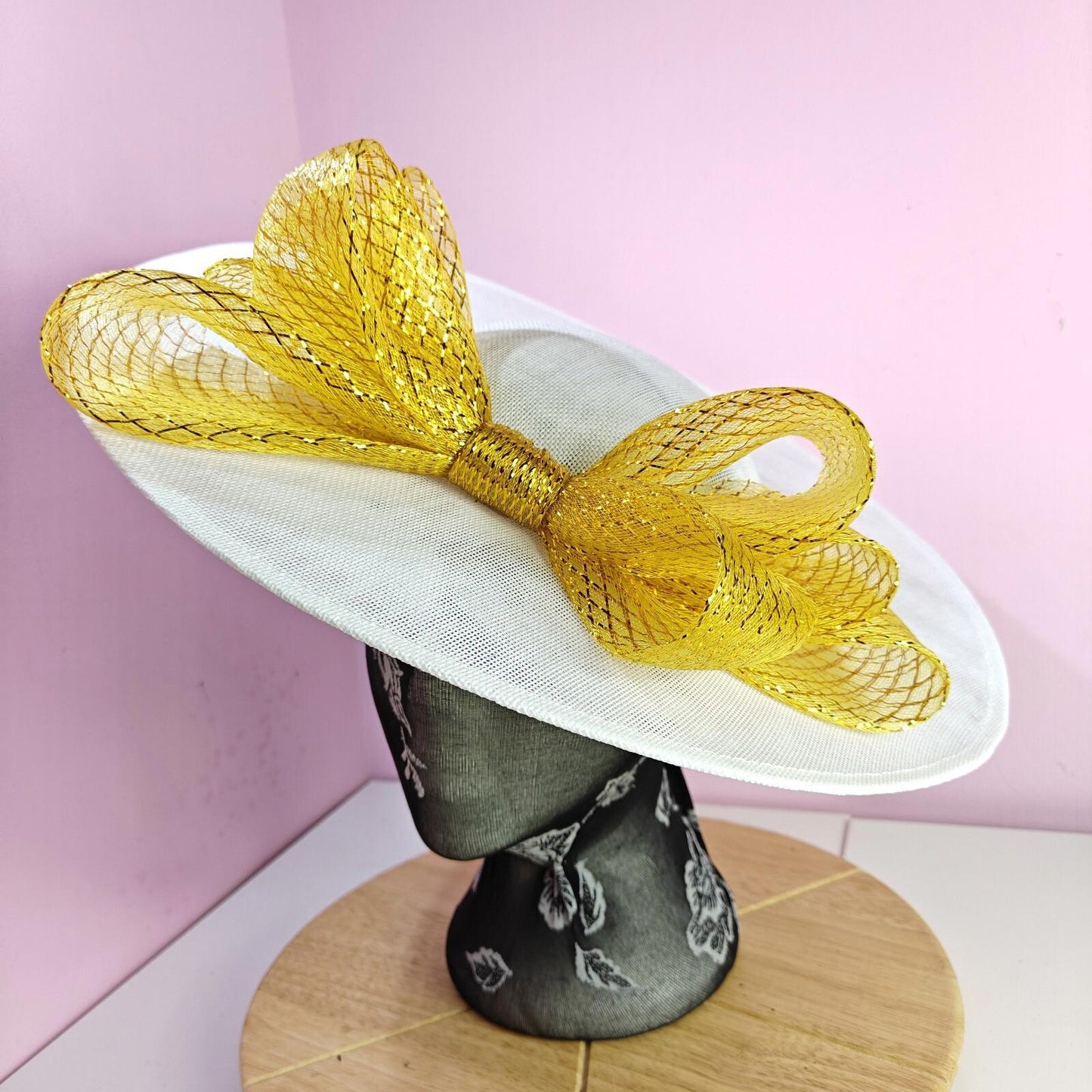 white gold large fascinator wedding hat  Kentucky Derby Royal Ascot bow