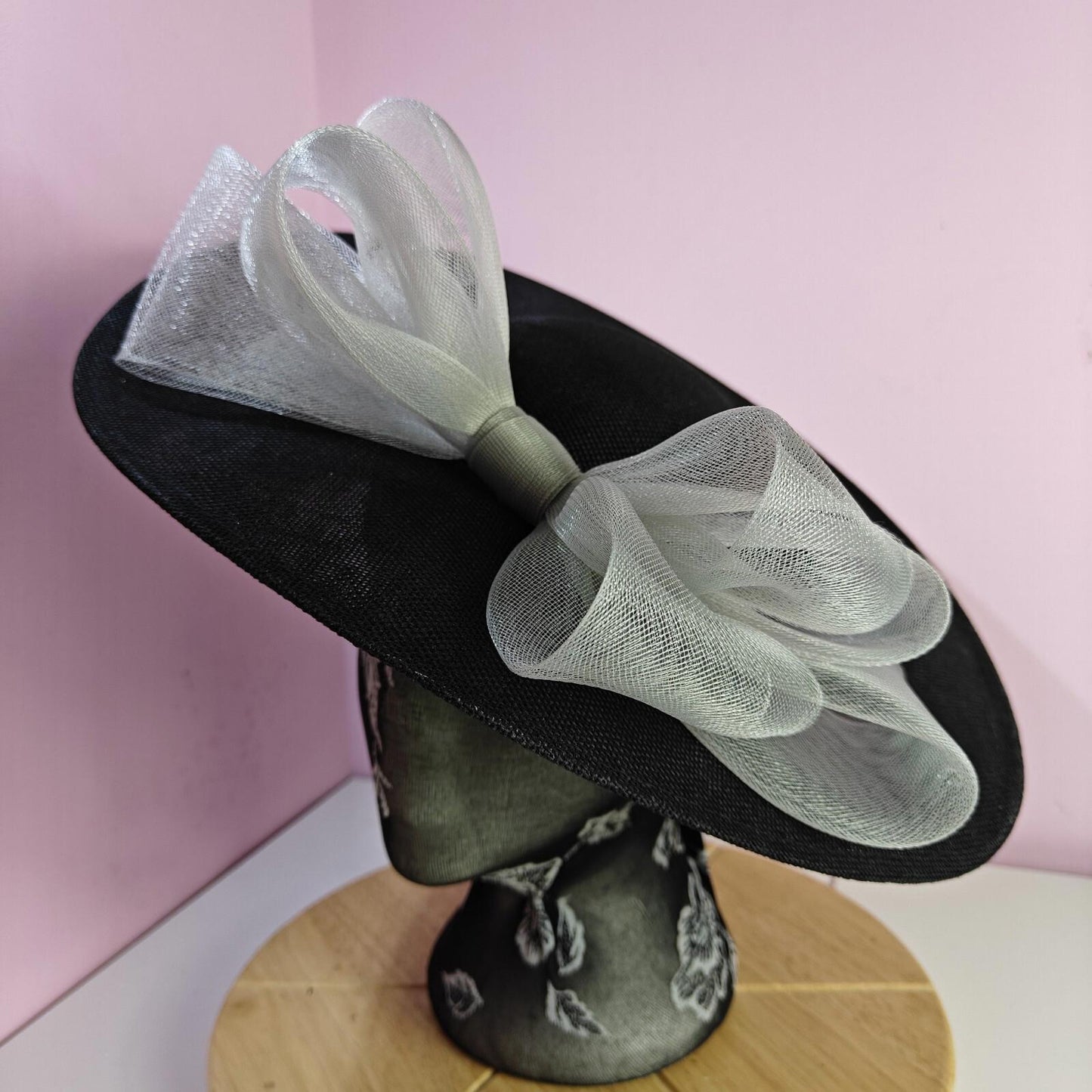 black grey large fascinator wedding hat  Kentucky Derby Royal Ascot bow